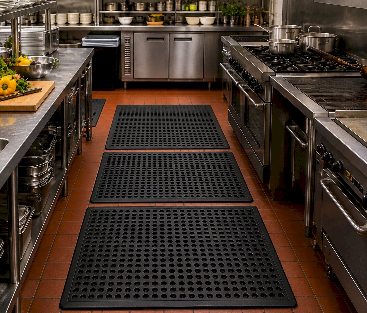 Non-slip rubber mats in commercial kitchen for safety and hygiene
