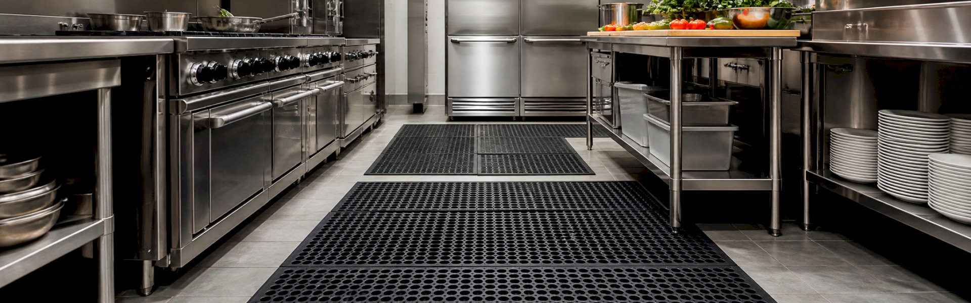 Anti-fatigue rubber mat used in commercial kitchen cooking area