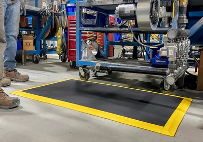 Worker standing on anti-fatigue rubber mat in warehouse
