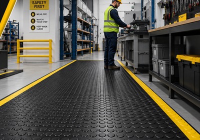 Heavy-duty rubber matting used in an industrial workplace environment